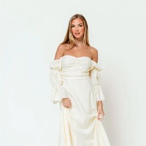 Off-Shoulder Cream Lace Maxi Dress